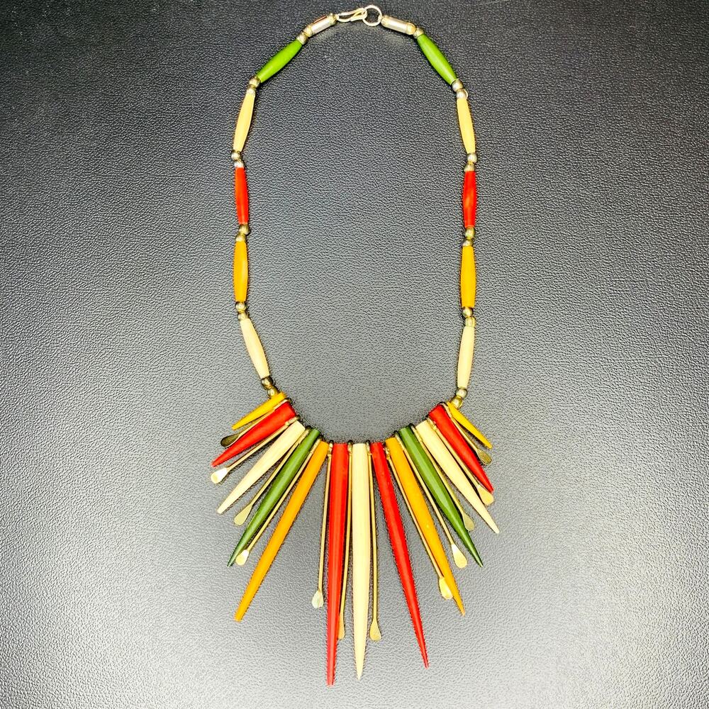 Vintage 70s Wood Spike Statement Necklace | Tribal Boho Chic